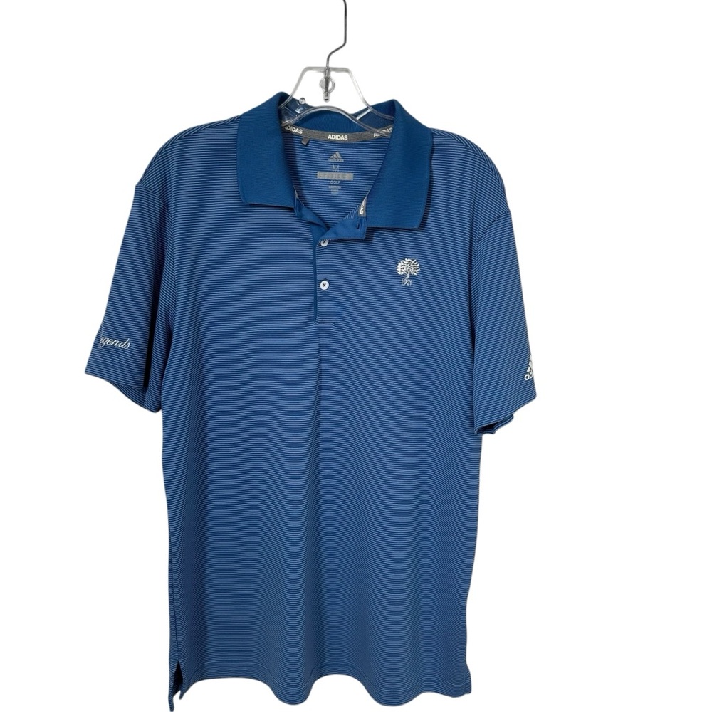 Adidas Performance polo shirt blue with white stripes and Legends logo unisex